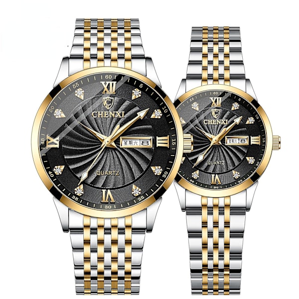 Dobbelt Kalender Ur Par Stålrem Ur Mænds Og Kvinders Kvarts Ur Med Diamant Women's gold face