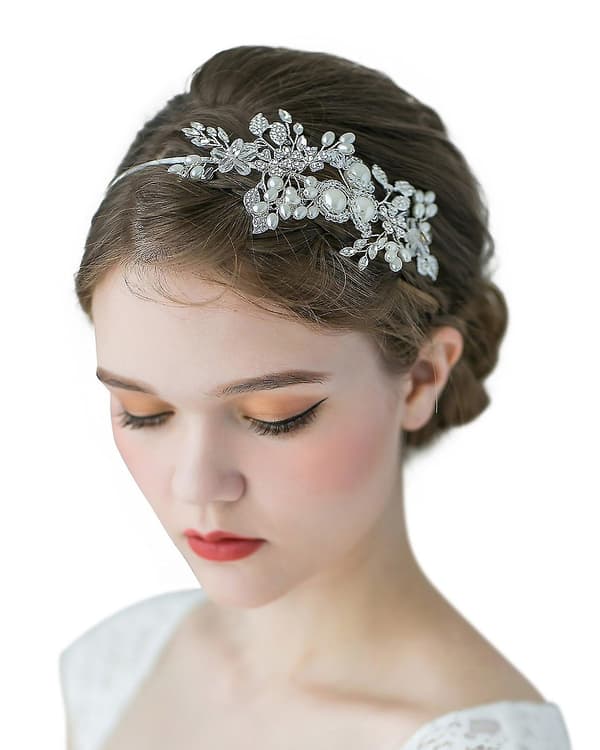 Håndlaget Perle Bryllups Hodebånd For Kvinner, Sølv Rhinestone Hårbånd Brud Hodeplagg