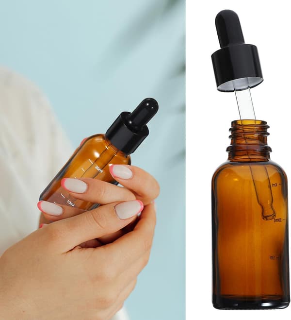 Glassdråpeflasker med ravfarge for eteriske oljer, 30 ml med graderingsmerker