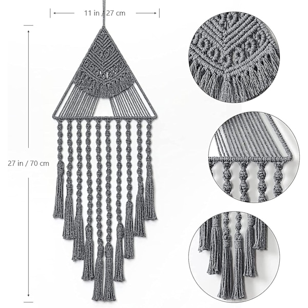 Pitsikuvioinen seinävaate kolmiomaisella tupsulla, geometrinen taide, boheemi kodin sisustus, seinätaide, makuuhuoneen ovipaneeli Grey