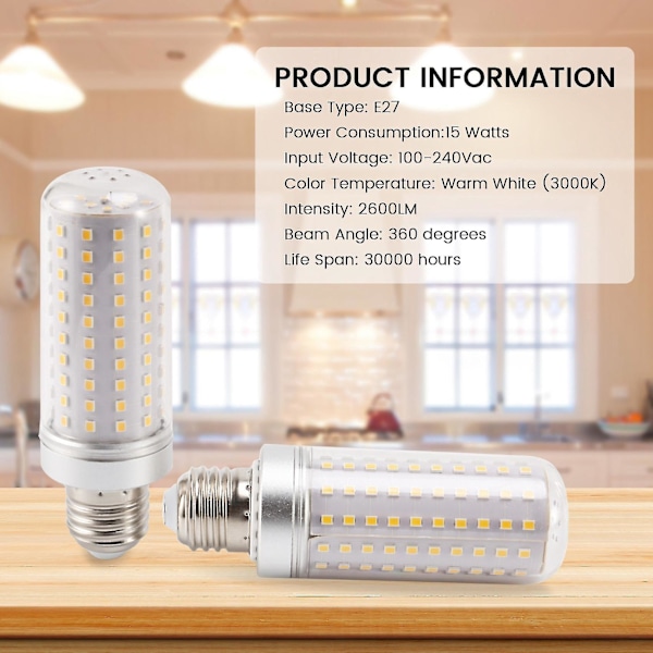 E27 LED-lamput, 3 kpl 3000k Lämmin Valkoinen Hehkulämpölamput 15w LED-maissilampun Pakkaus