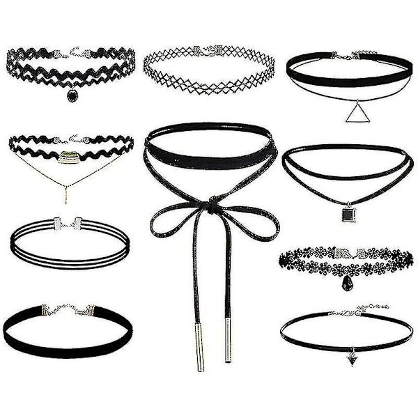 10 stykker choker-halskjede, svart klassisk fløyelsstretch, gotisk tatoveringshalskjede