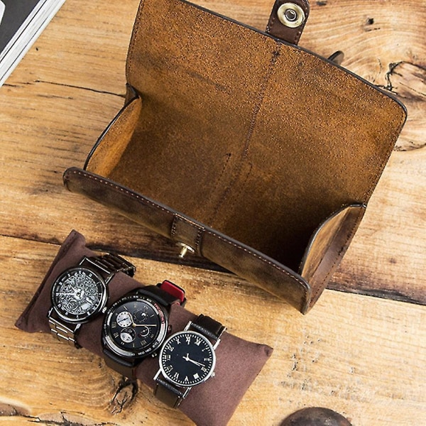 Kontakter 3 Spor Watch Roll Display Oppbevaringsboks,retro Cow Leather Travel Watch Case