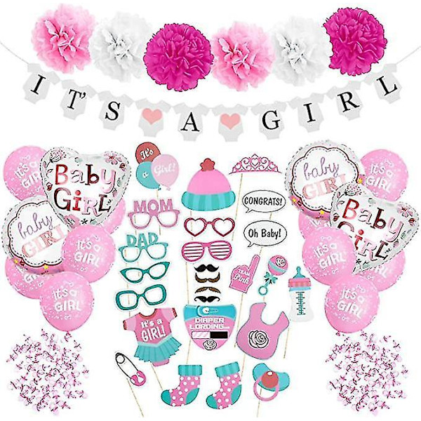 Girl Baby Shower Party Dekorationer Banner Photo Booth Pompoms