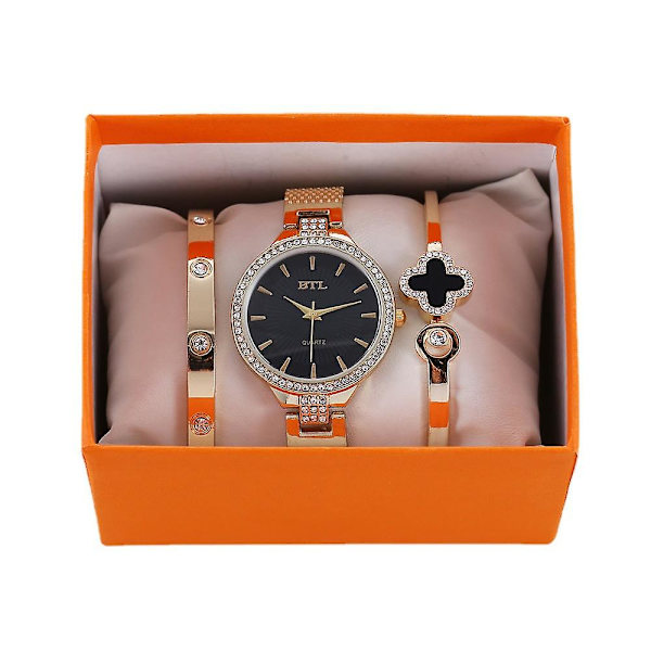 Personlighed Simpel Temperament Fritids Tynd Rem Mesh Kvarts Ur Armbåndssæt Black