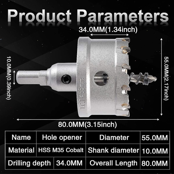 55mm Hulskærer med Tungsten Carbide Tænder, Tct Hulsav Bor til Rustfrit Stål, Plade