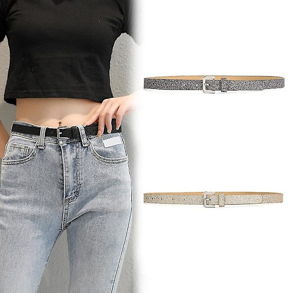 Dametøj Skinny Bling Glitter Talje Bælte Imitation Læder Tynd Taljebånd Silver
