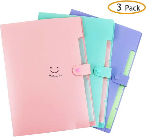 Plastfickor med dragkedja, dragspeldokumentmapp, 5 fickor, A4-format, med tryckknapp