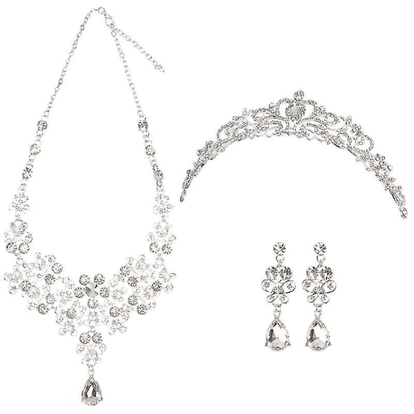 1 Set Women Bride Headdress Jewelry Wedding Necklace Earring Crystal Crown Tiara