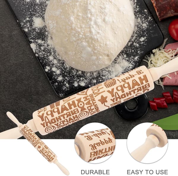 Kjevle i tre for baking 3D-preging Kakedekorasjon Bursdag Gravert deigrulle