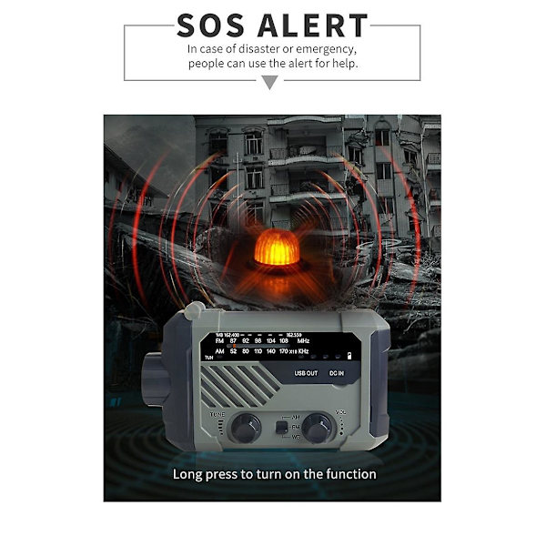Nødradio AM/FM/NOAA, håndsvinget batteridrevet solradio med LED-lommelygte, SOS-alarm White