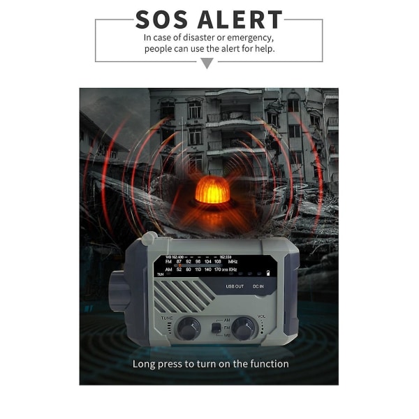 Nödradio AM/FM/NOAA, Handvev Batteridriven Solradio med LED-ficklampa, SOS-larm White