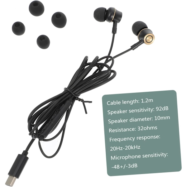 USB Type-C Hodetelefoner Støyreduserende In-ear Headset Mikrofon for Telefon/Nettbrett