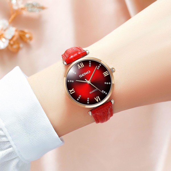 Läderarmbandsklocka med Diamantyta, Mode Kvartsur, Enstycke Dropshipping Vattentät Klocka Gradient red face red belt