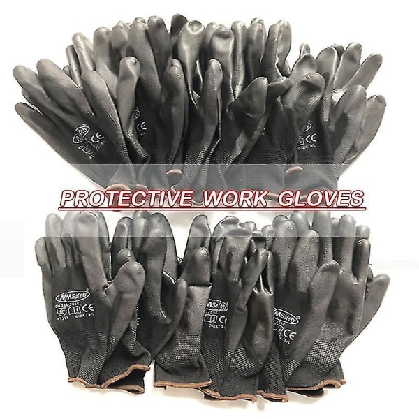 12 Par Arbejdssikkerhedshandsker Sort PU Nylon Bomuld