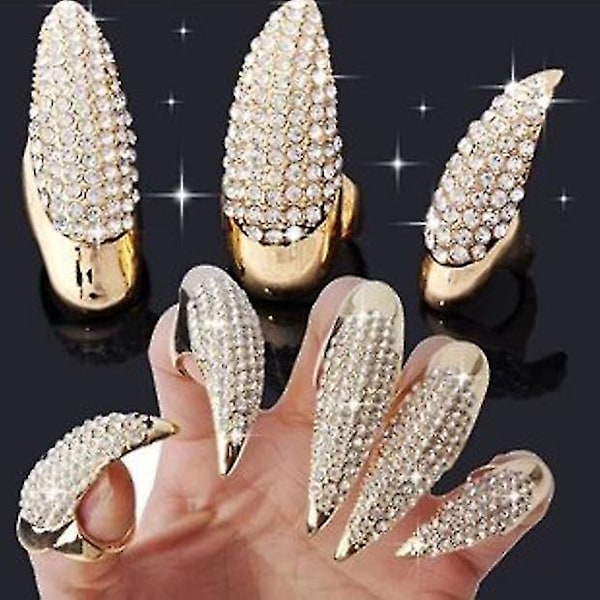 Punk-inspirert ørneklørings smykke falsk negl retro klar krystall klør finger ring knoke bøye fingertupp klør (10 stk, gull)