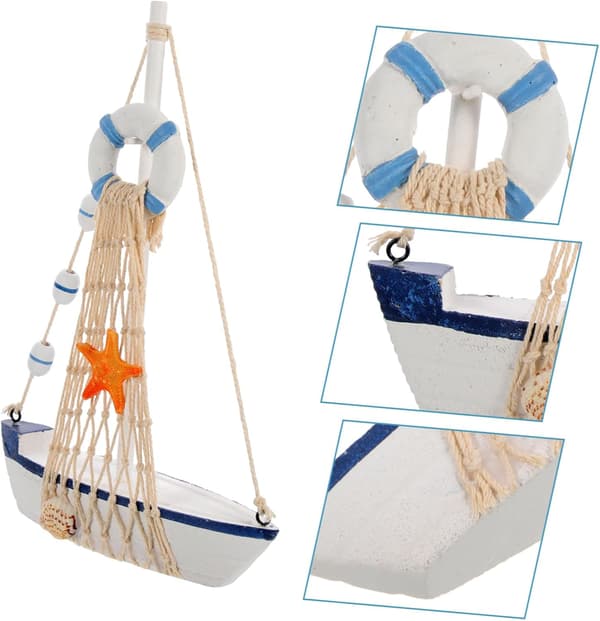 Middelhavsstil Treseilbåtmodell 23cm Blå Hvit Nautisk Hjemmeinnredning