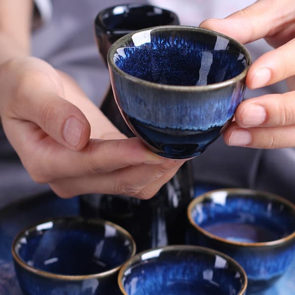 3 st japansk stil blå sakekoppar set keramiska vinkoppar unik design