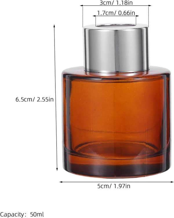2 st 50 ml aromaterapidiffusorflaskor i glas, cylindriska påfyllningsbara eteriska oljeburkar i bärnsten