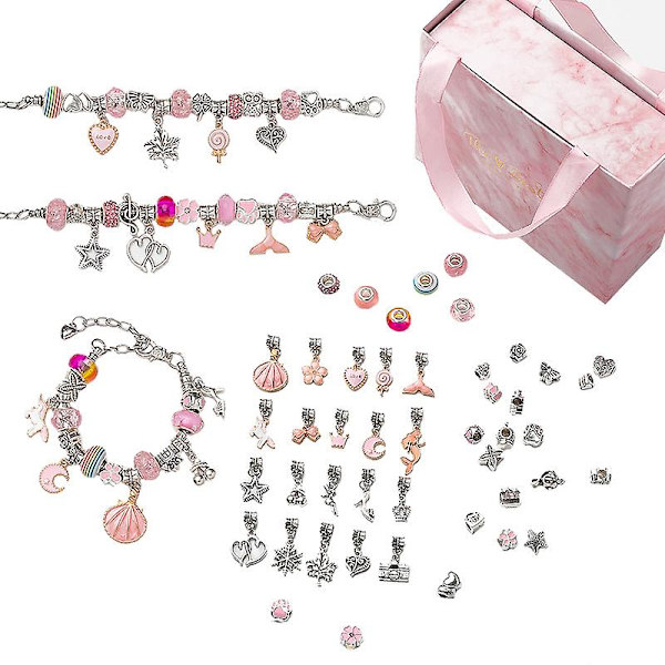 DIY Charms Armbåndsfremstillingssæt med Afstandsperler, Vedhæng og Tilbehør Pink