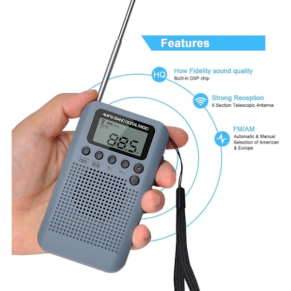 AM/FM-taskuradio herätyskellolla, nukkumisajastuksella ja sisäänrakennetulla kaiuttimella - Kannettava pieni radio kuulokkeilla