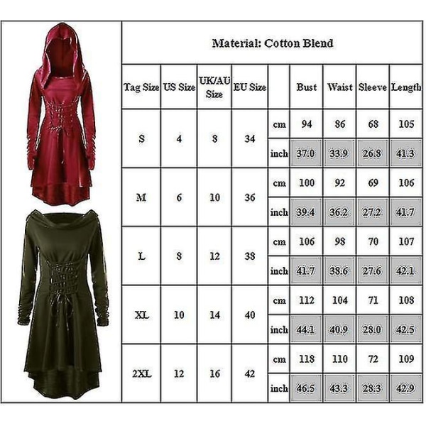 Kvinders renæssancekostume vintage gotisk hættekåbe Hættetrøje snørekappe L Gray