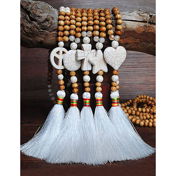 Boho Halsband för Kvinnor, Långt Träpärlhalsband med Turkos Tofs Present