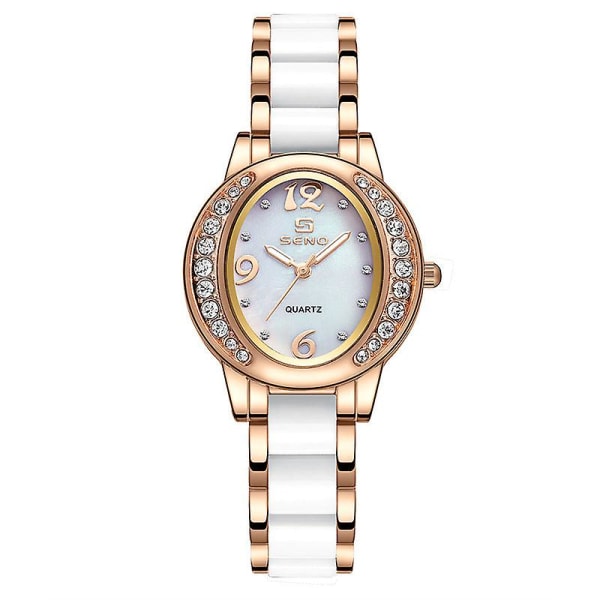 Ny verdig sjenerøs stil mote oval klokke kvinnelig temperament Trend dameklokke med diamanter Rose gold white plate