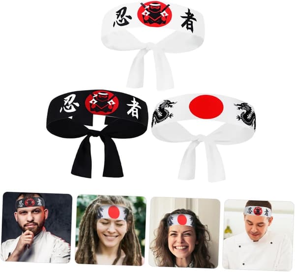3 stk. Ninja Samurai Pannebånd for menn og kvinner, japanske Hachimaki Hodeplagg