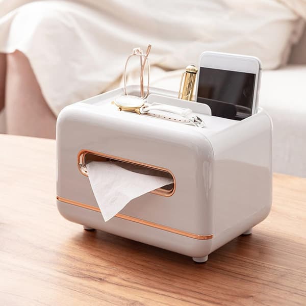 Multifunksjonell vevboksholder med oppbevaring, ABS-materiale, stilig hvit skrivebordsvevboks