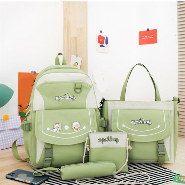 4-pack Cartoon Nylon Skolväska Reseväska Axelväska Pennfodral Green
