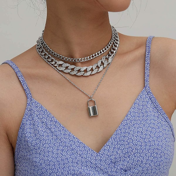 Rhinestone Curb Cuban Link Kjede Halskjede For Kvinner Unisex Kule Hip Hop Miami Cuban Diamantkuttet Kjede