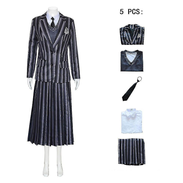 Naisten Wednesday Addams -asu Nevermore-uniformipaita, takki, solmio ja peruukki One size Outfits(no Wig)