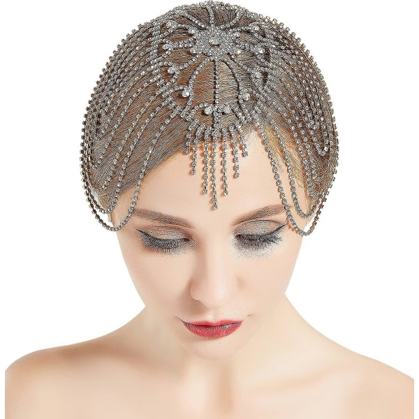 Kvinnors Crystal Rhinestone Klaff Headpiece Costumr Accessoar Vintage Smycken Kedjor Cap, 1st guld