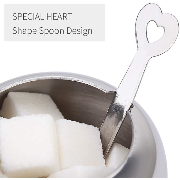 Liten sockerskål i rostfritt stål sockerskål med lock och hjärtformad sockersked för kitc