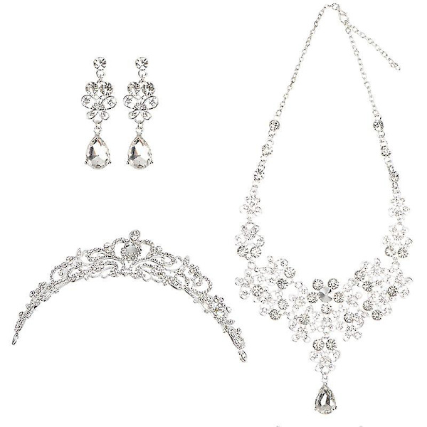 1 Set Brudgum Huvudbonad Smycken Bröllop Halsband Örhänge Kristallkrona Tiara