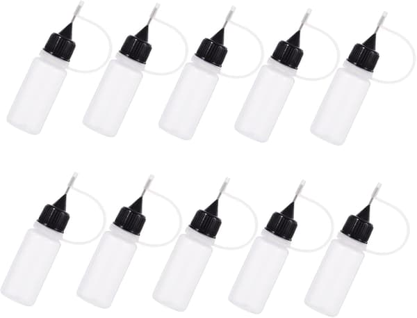 20 st transparenta applikatorflaskor med fin spets och svart kork, klämflaskor