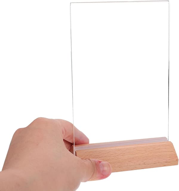 6 st akrylskylthållare med bokträbas, A6 triangulär vertikal akryldisplayställ 100x150mm