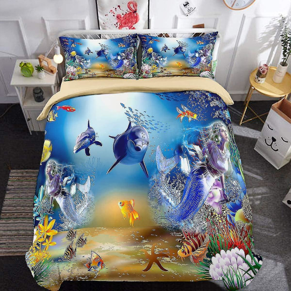 Marint Liv Täcke Överdrag Under Vatten Världen Delfin Sjöjungfru Sängkläder Set Med Blixtlås Stängning För Barn Barn Dubbel Täcke Överdrag Set 200x200cm