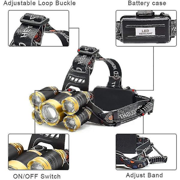 Lyssterk LED-hodelykt, 4 Moduser Super Lys 12000 Lumen 5 LED Hodelykt