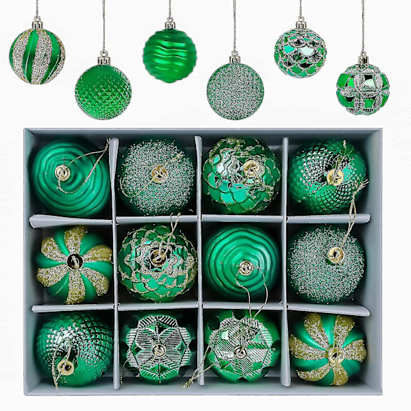 Julekulepynt, Pakke med 12, Julekulepynt, Juledekorasjoner, Matt og Glansfull, 6 cm i Diameter (grønn) (shikai)-yuhao