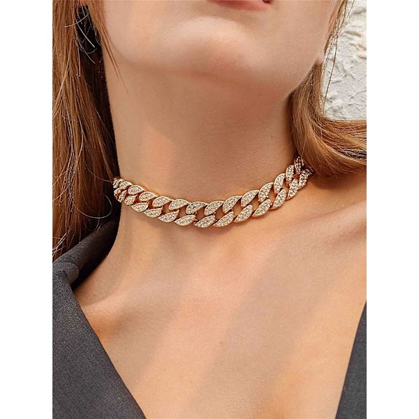 Rhinestone Curb Cuban Link Kjede Halskjede For Kvinner Unisex Kule Hip Hop Miami Cuban Diamantkuttet Kjede