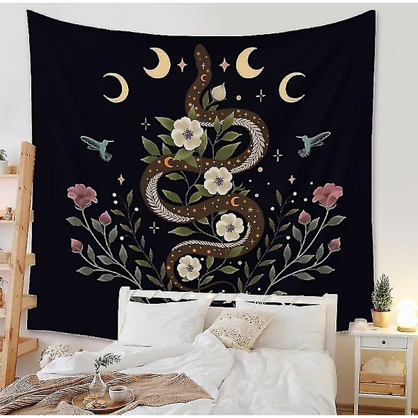 130x150cm Psykedelisk Väggbonad med Månfaser, Blommor och Hippie-Motiv