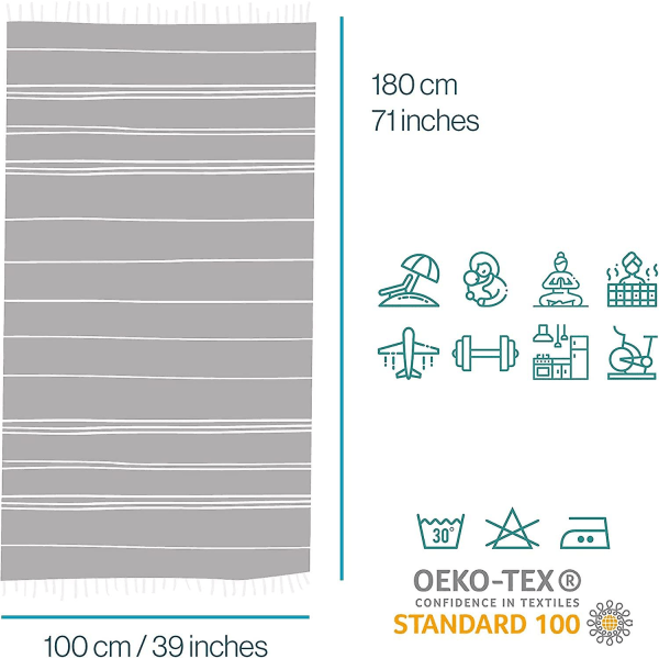 Strandhanddukar för bastu, spa, yoga, picknick och strand 100 x 180 cm - 39 x 71 tum grey