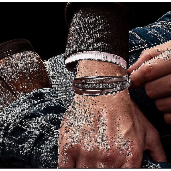 Läderarmband för män, justerbart med magnetiskt spänne, ko-läder, flerskikts