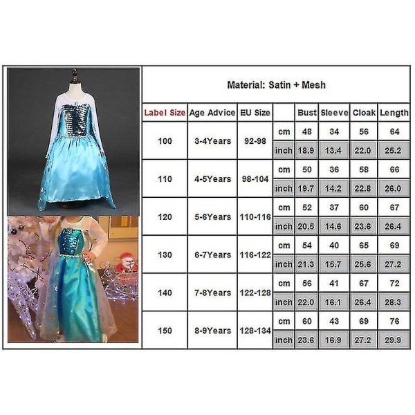 Jentebarn Elsa Sequin Satin Fancy Tulle Kjole Kostyme 5-6 Years