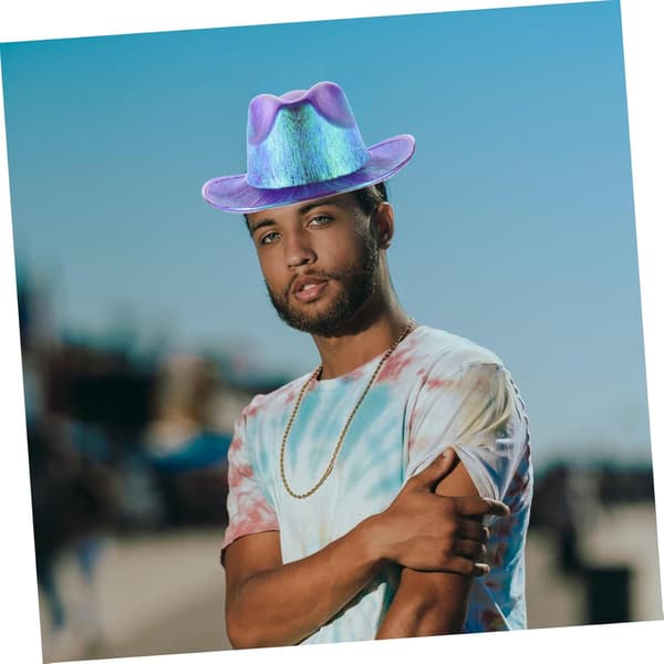 Iriserende cowboyhat til fest, glitrende fancy cowboyhat til karneval, lilla iriserende til Halloween
