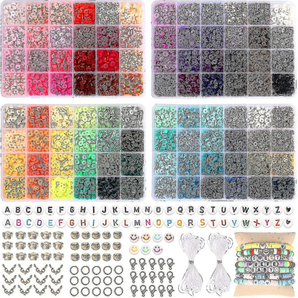 9600 kpl savihelmiä korujen valmistussarjaan, 96 väriä välikappale Heishi helmet litteät pyöreät polymeerisavihelmet kirjehelmillä Smiley helmiä ja elastisia nauhaa