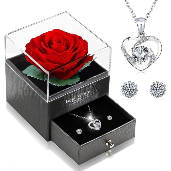 Evig Ægte Rose Med Hjerte Halskørdel Øreringe 925 Sterling Sølv Smykker Gaveæske Roseæske Fødselsdag Valentinsdag Bryllup Jubilæumsgave Til Pige