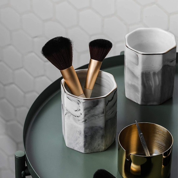 2-pak keramisk penholder stativ, kop til skrivebord marmormønster makeup børsteholder
